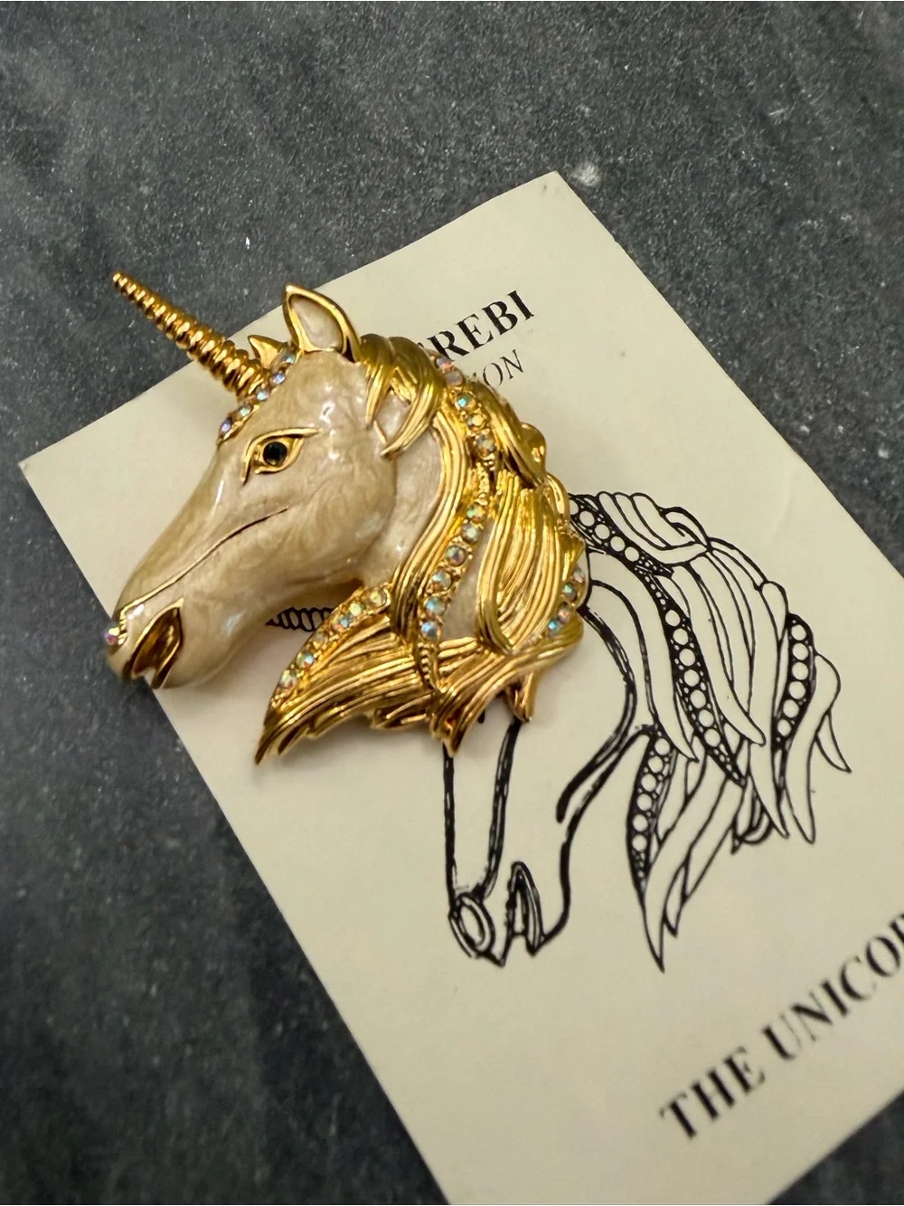 Vintage Edgar Berebi Gold Unicorn Enamel Crystal Brooch COA